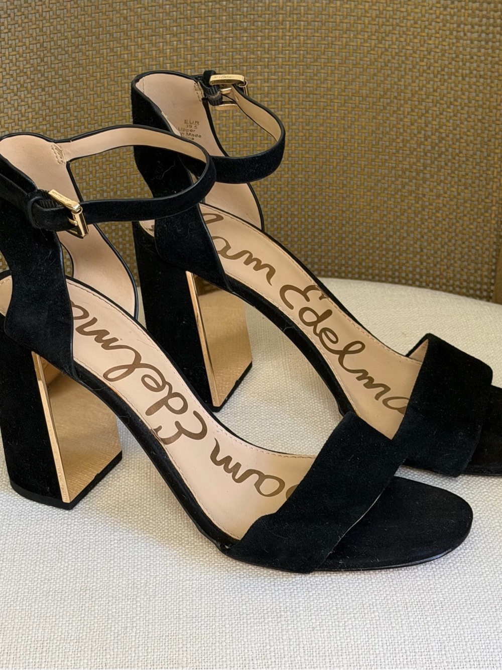 Sam Edelman Black Suede Gold-Trim Block Heel Sandals